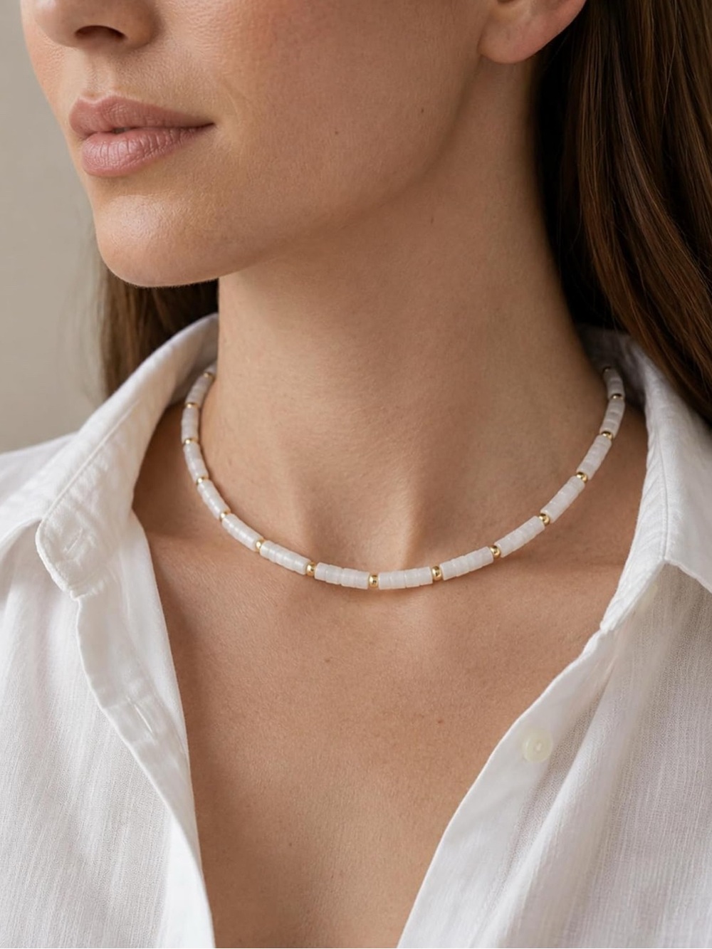 Quartz Natural Gemstone White Beaded Gold Accent Choker Necklace